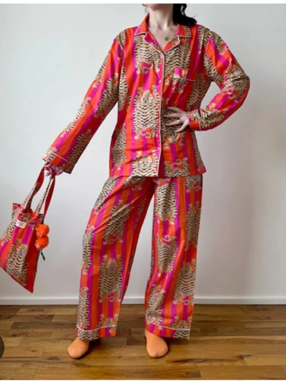 Cargo Inc Tiger Pajama Set Orange and Pink Size L Boho Colorful Trendy Cotton